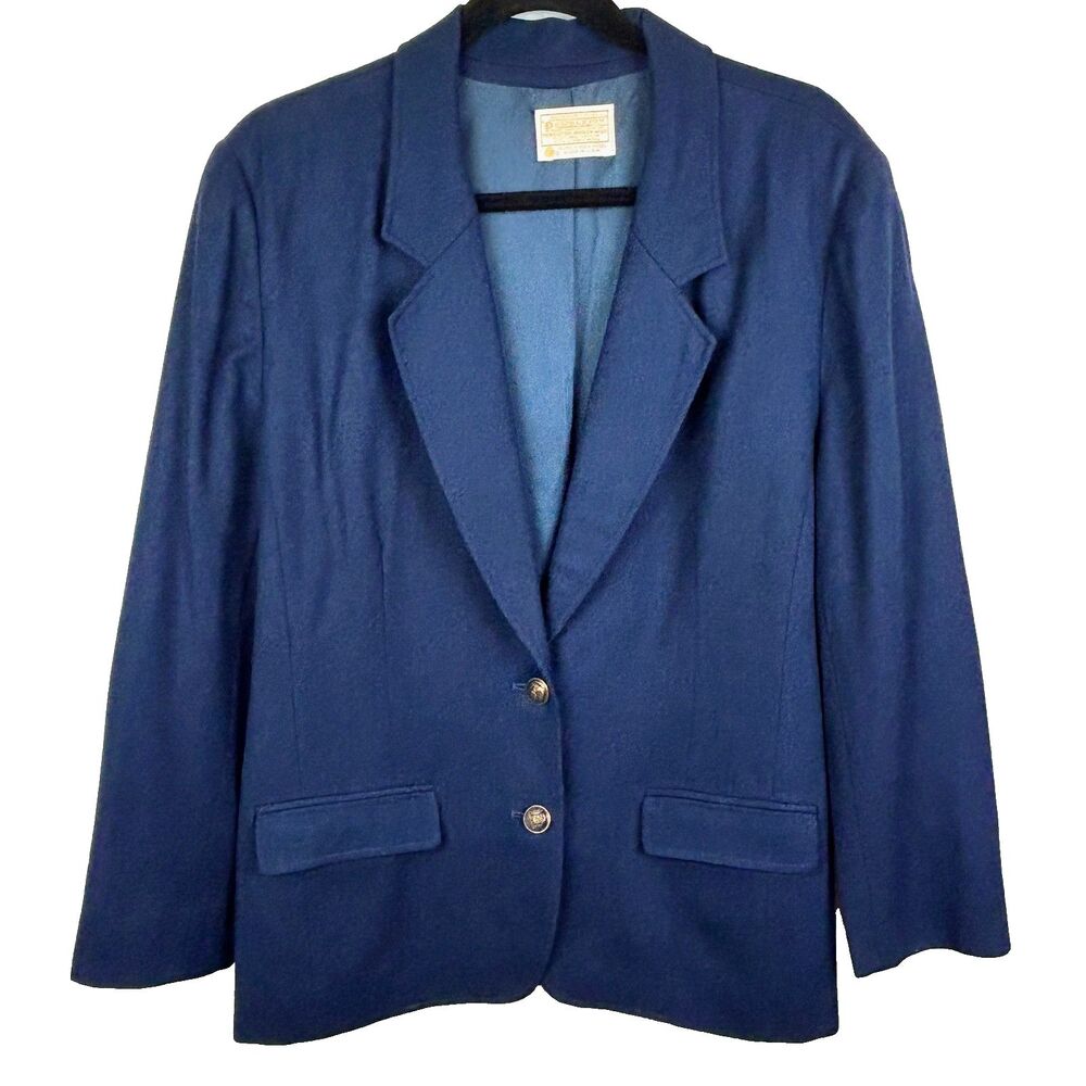 Pendleton Vintage Blazer Jacket 100% Wool Navy Blue Gold Button Front Career 16